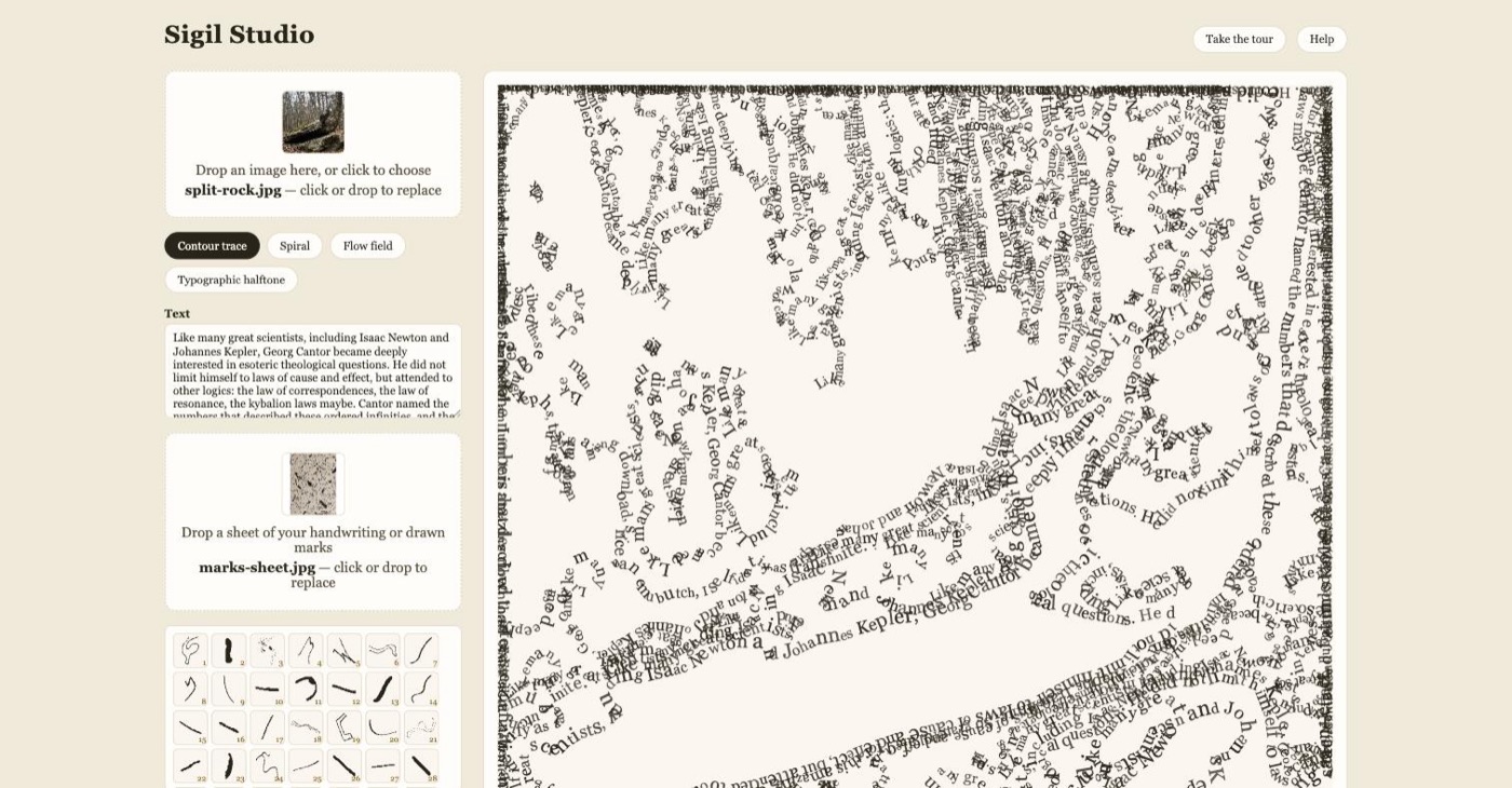 Contour trace: the photograph below, redrawn entirely in the letterforms of a text about Cantor.